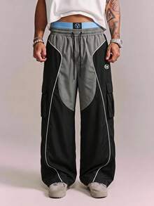 CRAVYNX Men's Letter Print Colorblock Casual Versatile Daily Travel Long Pants - Dark Grey - View 3