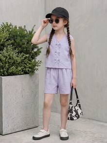 Casuvi Kids 2件套女童无袖条纹编织背心，蝴蝶结装饰，松紧腰宽松休闲短裤，夏季 - 淡紫色 - 查看 7