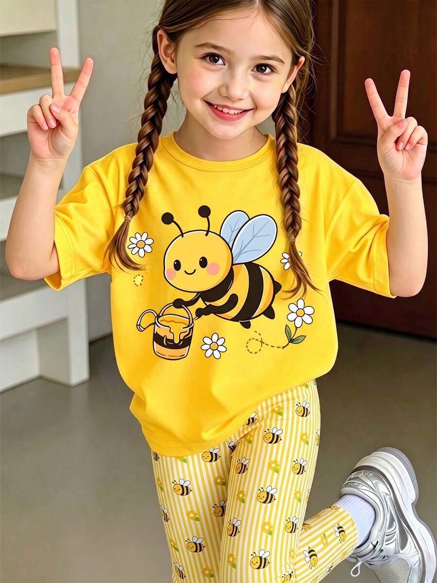 SHEIN 1套女童可愛休閒田園風卡通蜜蜂印花短袖T恤與蜜蜂條紋印花內搭褲套裝,適合夏季出遊 - 彩色 - 查看 1
