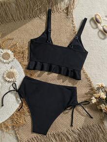 Swim Vcay 女款夏季海灘度假純色性感細肩帶比基尼套裝，荷葉邊 V 領，度假穿搭，黑色上衣，黑色下裝，海灘穿著 - 黑色 - 查看 2