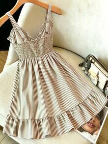 SHEIN LUNE CURVE Plus Size Women's Summer Holiday Blue & White Striped Sleeveless Ruffle Tie Bow Casual Elegant Commute Date Adjustable Shoulder Strap Cinched Waist A-Line Short Dress - Coffee Brown - View 2