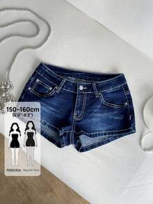SHEIN PETITE Women's Petite Ultra Low Waist Contrast Stitch Denim Mini Shorts - Blue - View 1