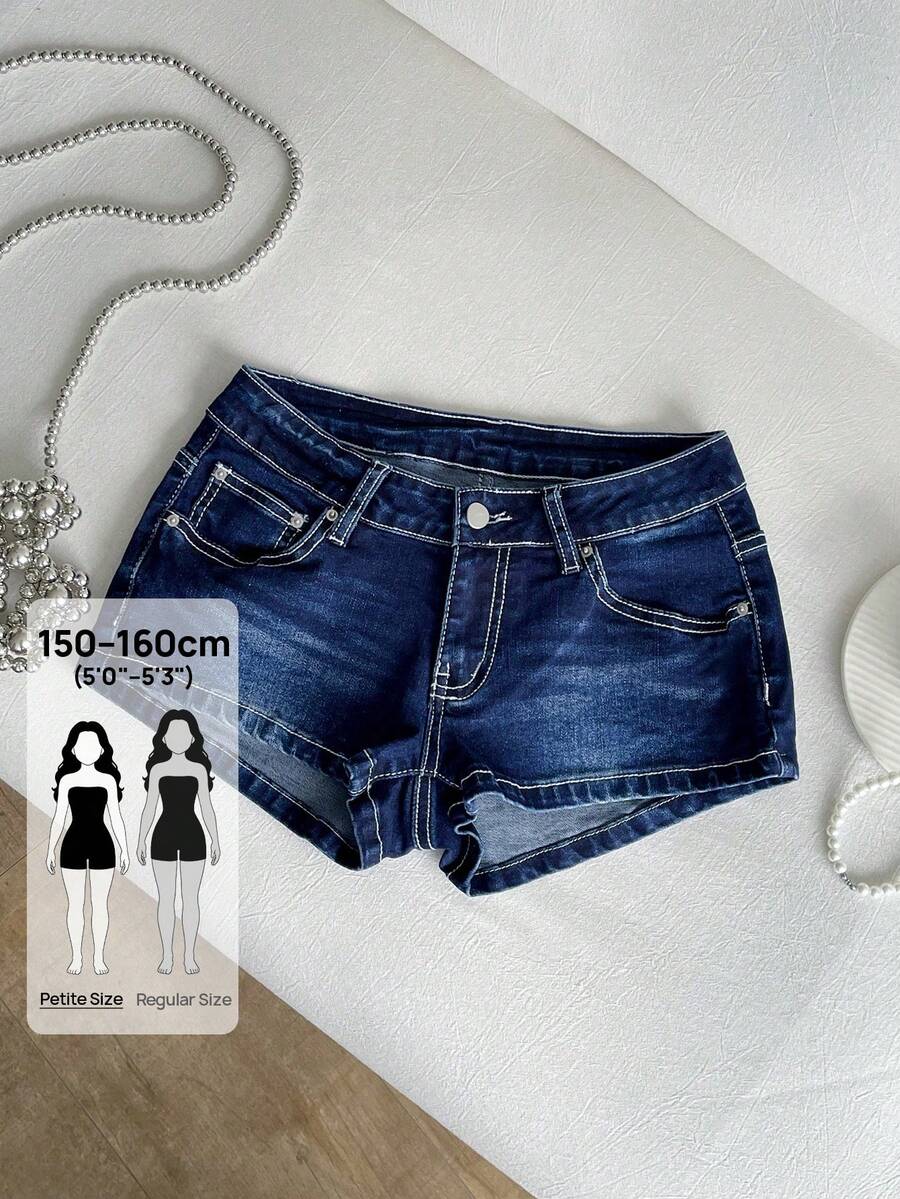 SHEIN PETITE Women's Petite Ultra Low Waist Contrast Stitch Denim Mini Shorts - Blue - View 1