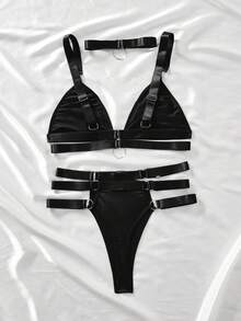 SHEIN 3件套女士纯色圆形装饰无缝无钢圈文胸套装性感内衣套装3件套比基尼套装内衣套装>黑色高腰比基尼套装 - 黑色 - 查看 7