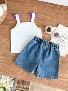 SHEIN Vintaside Kids 女嬰熱門櫻桃印花細肩帶上衣與短褲刺繡時尚套裝 - 白色 - 查看 2