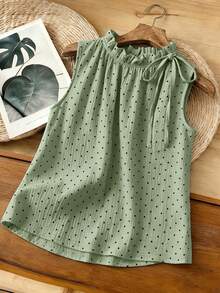 SHEIN Franclia Women's Spring/Summer Vacation Photo Polka Dot Pattern Frill Trim Tie Sleeveless Top - Green - View 4