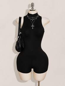 SHEIN ICON 女款性感時尚拉鍊修身連身褲 - 黑色 - 查看 10