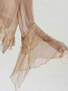 Ontre 2026新款半透明宽松褶皱优雅雪纺衬衫，圆领长袖荷叶边下摆设计，女士上衣，百搭日常穿搭，四季皆宜，适合海滩、波西米亚风度假、夏季、搭配独立音乐节，西式风格，优质面料，舒适透气。 - 黃色 - 查看 4