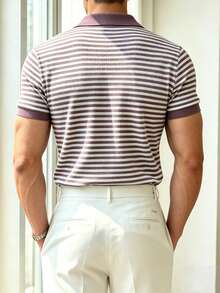 Manfinity Homme Camisa polo de manga corta con rayas y contraste de color, versátil y de moda para hombres - Café integral - View 2