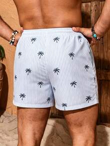 Manfinity KASUA Men's Vacation Striped Palm Tree Print Drawstring Waist Beach Shorts - Blue and White - View 2