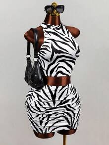 Mistrie Women's White And Black Zebra Print Halter Neck Set Backless Cropped Tank Top Bodycon Mini Skirt 2 Pieces Set Sexy Club Night Out Summer Party - Multicolor - View 6