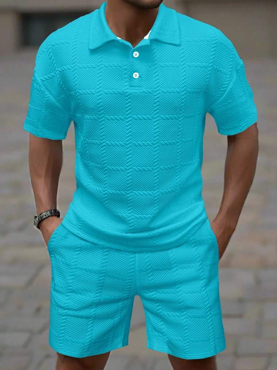 Manfinity Homme Conjunto de Camisa Polo y Pantalones Cortos de unicolor Casual de Verano para Hombres (Surtido Aleatorio) - Agua verde azul - View 1