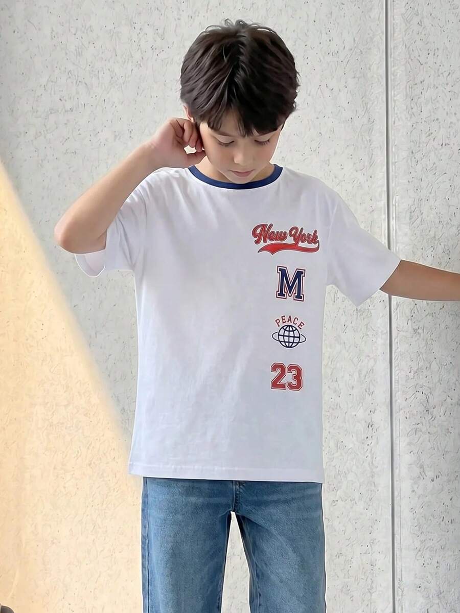 Casuvi Kids 男童宽松休闲创意美式风格“NEW YORK”竖排文字和数字M图案短袖T恤 - 白色 - 查看 1