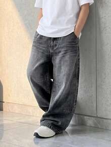 SHEIN Casuvi Kids Denimly 男童休闲日常都市街头风弹力腰拉链口袋做旧设计直筒牛仔裤 - 淺灰色 - 查看 3