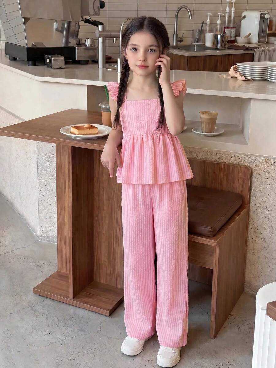 SHEIN Casuvi Kids Top de tirantes ajustado de estilo casual de vacaciones en color amarillo para niñas, blusas de verano, de ajuste suave y delgado, diseño de moda adecuado para vacaciones, viajes, campus y uso diario - Rosa - Ver 1