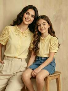 SHEIN Tween Girls Fall Tops Fall Girls' Summer Short Sleeve Blouse, Lace Collar 3D Floral Lace Short Sleeve Blouse - Yellow - View 2