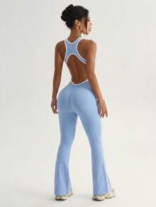 SHEIN Sovereign Charm Women's Sleeveless Cutout Waist Design Trimmed Sports Jumpsuit - Blue - View 5