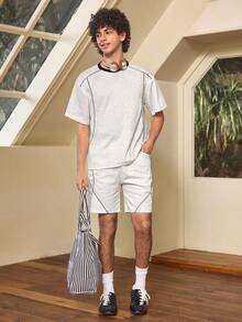 Men's Round Neck Short Sleeve T-Shirt And Pocket Shorts Casual Daily Outfit - Light Grey - View 3