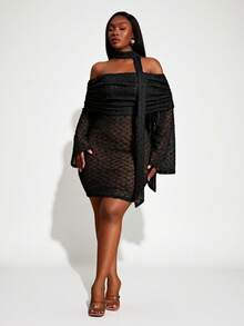 Radiana Women's Black Off Shoulder Bodycon Mini Dress Sheer Long Sleeves Halter Neck Tie Evening Cocktail Concert Dinner Date Night Party Autumn Sexy Elegant - Black - View 5