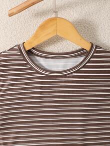 青少年女孩 T-Shirt 與短褲 2 件套裝，休閒簡約寬鬆針織，返校穿搭，復古細條紋，青少年女孩套裝，適合健身瑜伽 - 彩色 - 查看 6
