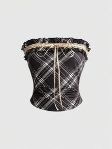 Sweetness Women's Cute Sweet Ruffle Plaid Print Contrast Color Lace Bow Strapless Bandeau Top - Brown - View 1