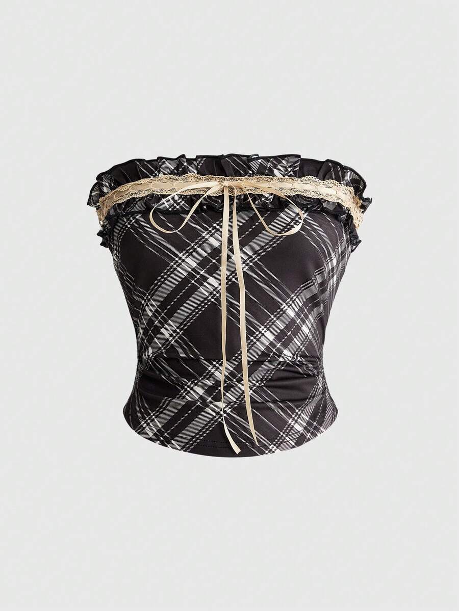 Sweetness Women's Cute Sweet Ruffle Plaid Print Contrast Color Lace Bow Strapless Bandeau Top - Brown - View 1