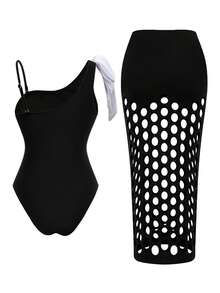 Swim Oasis Women's Summer Beach Vacation One-Shoulder Bow One-Piece Swimsuit With Cut-Out Beach Maxi Skirt - Black and White - View 3