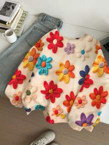 Tween Mädchen Lässiges minimalistisches süßes Sweatshirt mit strukturiertem Blumenmuster, süßer cremiger Stil, lockerer Rundhalsausschnitt, bequemer Langarm, geeignet für Herbst/Winter, Grafik, gemütlich, Y2K, Vintage, neues Sweatshirt - Verschiedenfarbig - Übersicht 3
