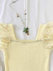 SHEIN 少女夏季休閒鏤空刺繡拼接T恤 - 黃色 - 查看 5