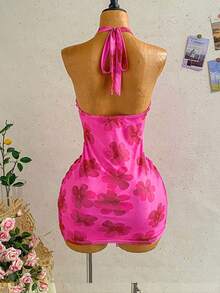 Soleia Women's Pink Floral Summer Boho Sexy Holiday Vacation Casual Dress, V-Neck Tie Strap Bow Tie Waist Ruched Mini Dress For Beach Night Out,Cruise,Party - Pink - View 2