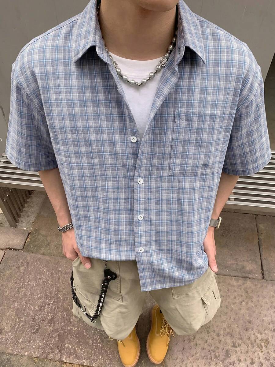 STEELVANCE 男士小格紋短袖襯衫,單口袋經典款,適合正式或休閒場合,休閒度假、晚餐聚會、簡約辦公、居家休閒穿著,百搭自穿或送禮給朋友,熱銷舒適面料襯衫 - 彩色 - 查看 1