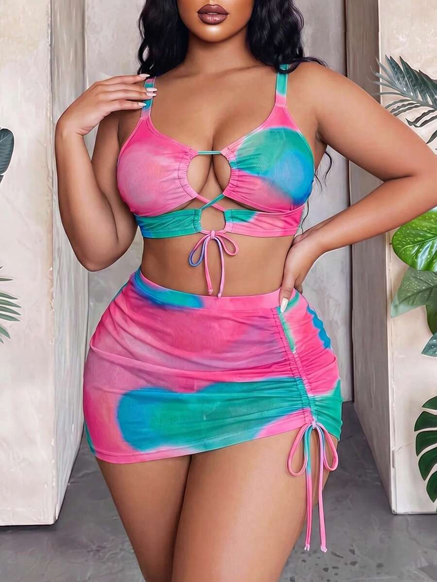 SHEIN Slayr CURVE 大尺碼女款3件式泳衣套裝 - 漸層隨機印花繫帶前開空心上衣,性感適合海灘度假夏季海邊假期粉紅色 - 粉色 - 查看 1