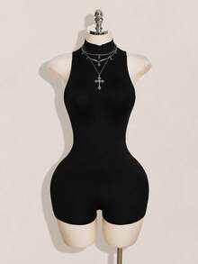 SHEIN ICON 女款性感時尚拉鍊修身連身褲 - 黑色 - 查看 12