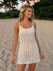 Livesso Robe de plage d'été pour femmes, ajourée en tricot avec décor de sequins, pour les vacances - Blanc - Voir 4
