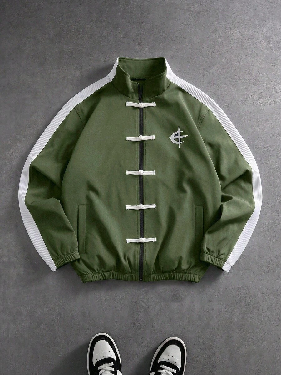 PAVTROS Men's Contrast Graphic Print Zip-Up Stand Collar Long Sleeve Jacket Football - Army Green - View 1