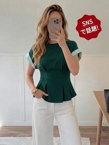Easowa 女款圓領收腰荷葉邊下擺對比條紋拼接襯衫，休閒寬鬆優雅通勤老錢風度假春夏上衣 - 墨綠色 - 查看 7