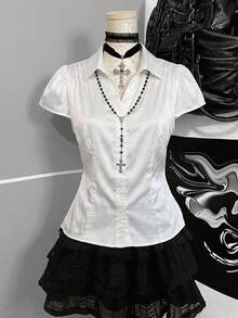 Attitoon Women's White Collar Slimming Short Sleeve Satin Elegant Fashion Waist-Defining Blouse - White - View 1