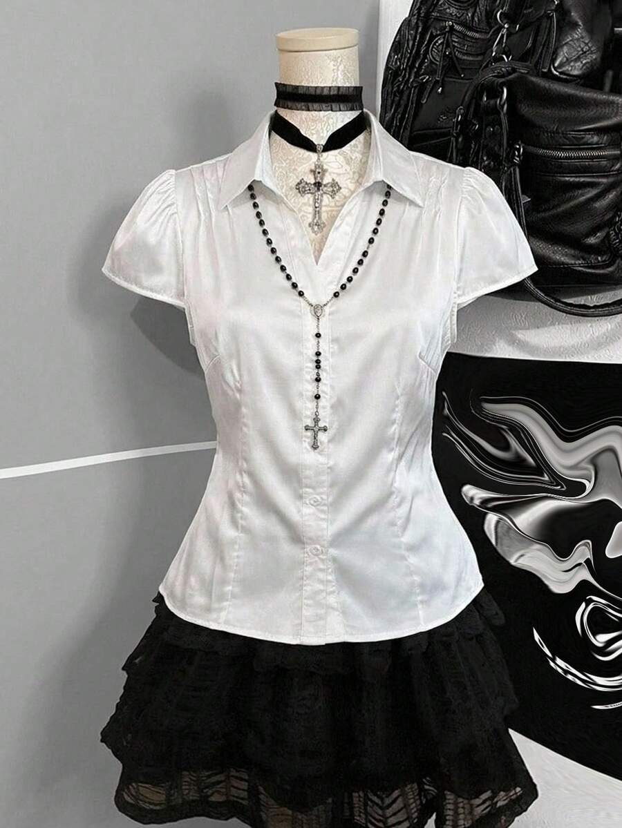 Attitoon Women's White Collar Slimming Short Sleeve Satin Elegant Fashion Waist-Defining Blouse - White - View 1