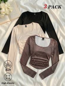 SHEIN MOD 3件組女款百褶休閒方領長袖T恤套裝，保暖衣物，秋季女裝，外出上衣，度假女裝，S號，棕色上衣 - 彩色 - 查看 3