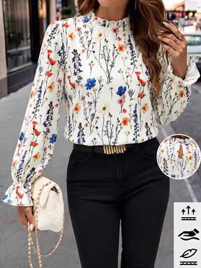Editum Women's Elegant Versatile Floral Print Ruffle Sleeve Stand Collar Blouse Office White And Blue Floral Autumn