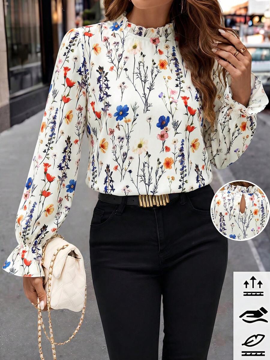 Editum Women's Elegant Versatile Floral Print Ruffle Sleeve Stand Collar Blouse - Apricot - View 1