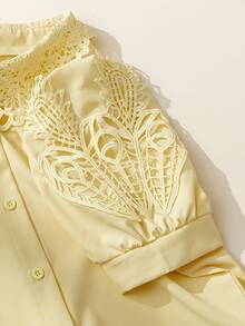 SHEIN Tween Girls Fall Tops Fall Girls' Summer Short Sleeve Blouse, Lace Collar 3D Floral Lace Short Sleeve Blouse - Yellow - View 6