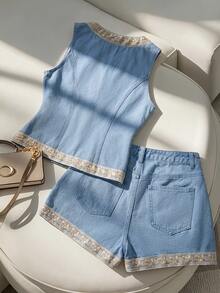 GlowEve Women's Embroidered Patchwork Casual Denim Vest - Light Wash - View 2