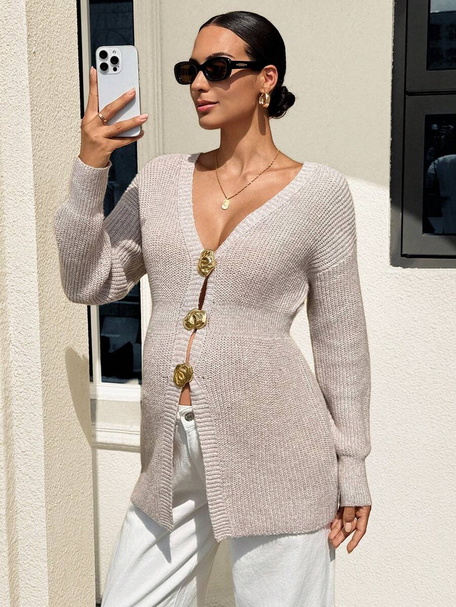 MaterniWear Maternity Metal Flower Button Drop Shoulder Long Sleeve Knit Cardigan Autumn Office Photoshoot Formal For Women Going Out Casual - Khaki - View 1