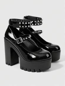 ROMWE Grunge Punk Women Shoes Fashion Sexy Platform High Heel Shoes Punk Gothic Rivet Inlaid Classic Nightclub Party Festival - Black - View 2
