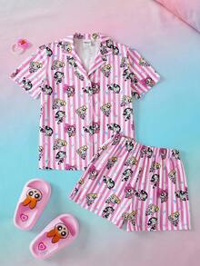 THE POWERPUFF GIRLS X SHEIN 青少年女孩條紋卡通印花上衣與短褲家居服 - 粉色 - 查看 1