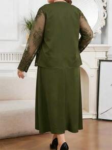 Modelyn 大尺碼優雅刺繡網紗上衣與洋裝兩件套 - 軍綠色 - 查看 8