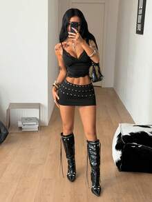 Coolane Women's Autumn Y2K Laced Sexy Streetwear Hot Night Party Casual Vintage Chic Folding Waist Rhinestone Stretchy Black Mini Skirt - Black - View 4