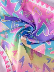 SHEIN 少女粉紫藍黃漸層馬卡龍色愛心印花腰部鏤空設計連身泳衣，適合游泳、夏季度假、海灘、泳池、派對 - 粉色 - 查看 7