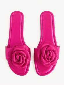 CUCCOO CHICEST Women's Shoes Round Toe Spring And Summer New Rose Red Satin Flower Decoration Elegant Wear Dating Shoes Flat Sandals - Hot Pink - View 1